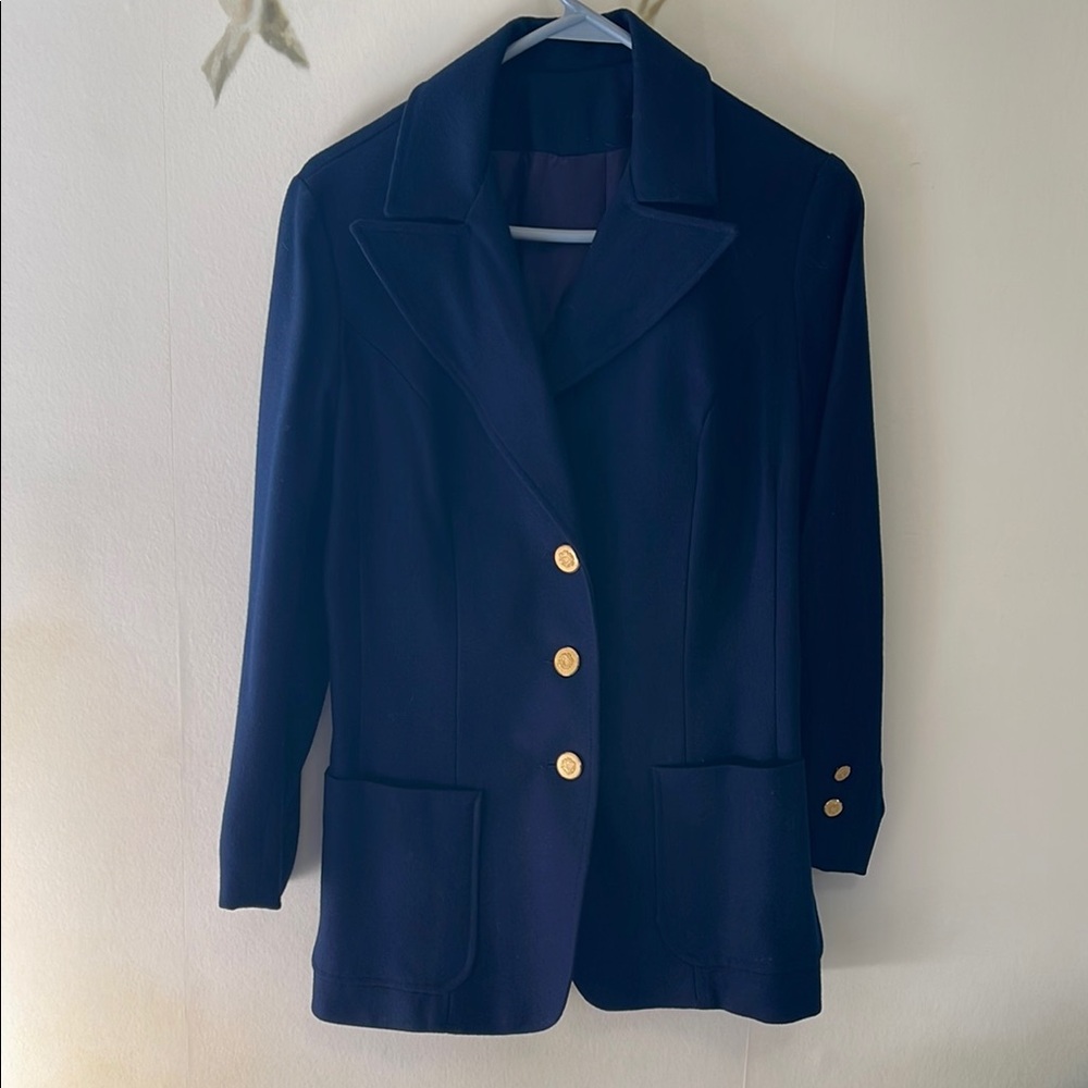 Prestige of Boston Vintage Women's Wool Navy Blue with Gold Buttons Blazer